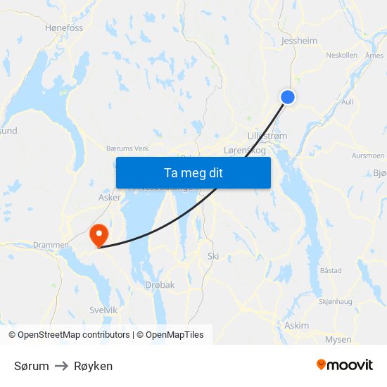 Sørum to Røyken map