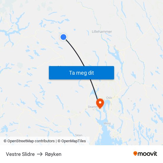 Vestre Slidre to Røyken map