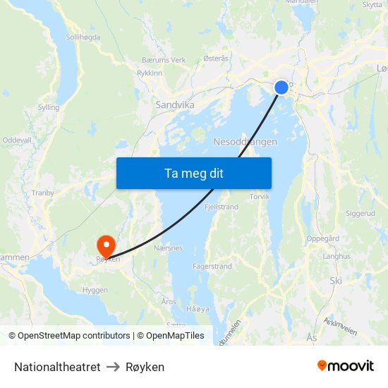 Nationaltheatret to Røyken map