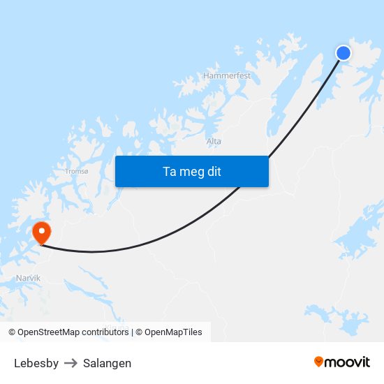 Lebesby to Salangen map