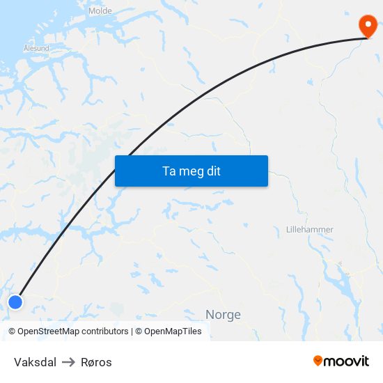 Vaksdal to Røros map