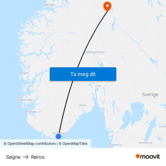 Søgne to Røros map