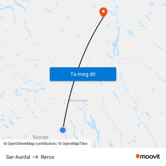 Sør-Aurdal to Røros map