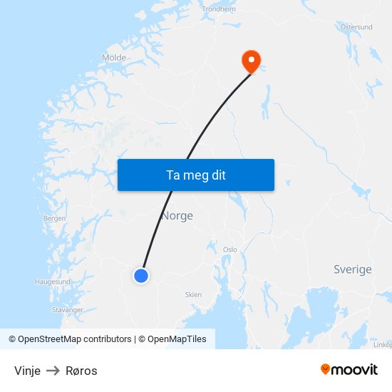 Vinje to Røros map