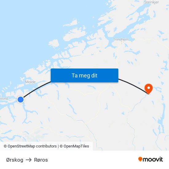 Ørskog to Røros map