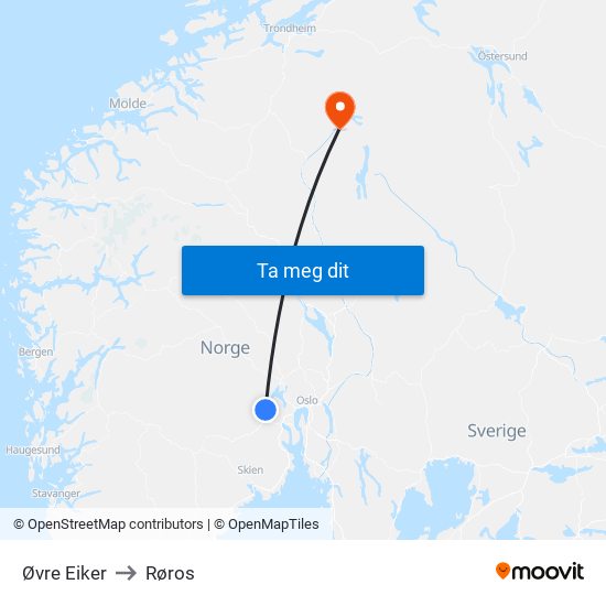 Øvre Eiker to Røros map