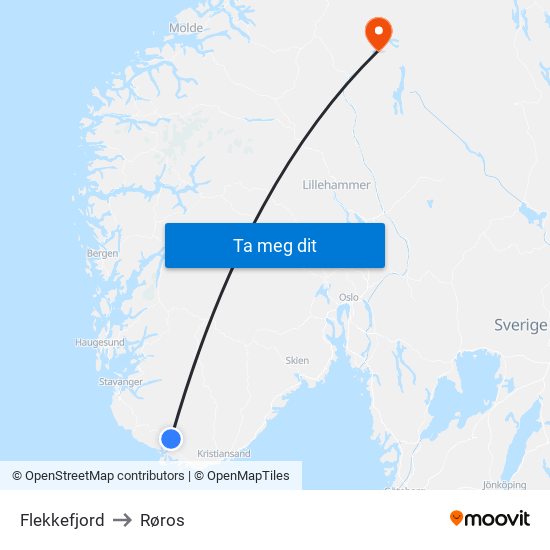 Flekkefjord to Røros map