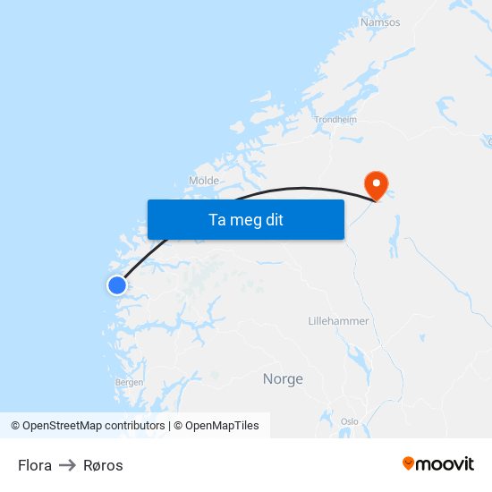 Flora to Røros map