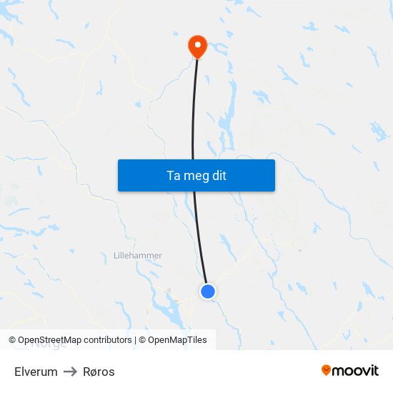 Elverum to Røros map