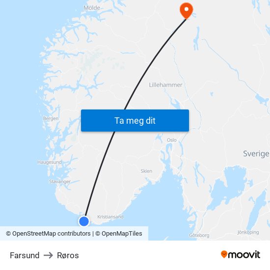 Farsund to Røros map