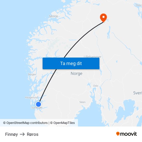 Finnøy to Røros map