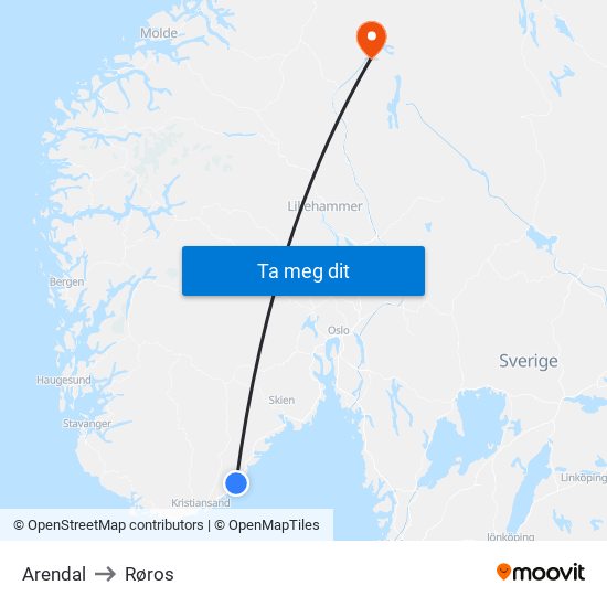 Arendal to Røros map