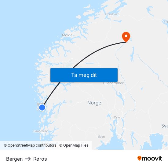 Bergen to Røros map