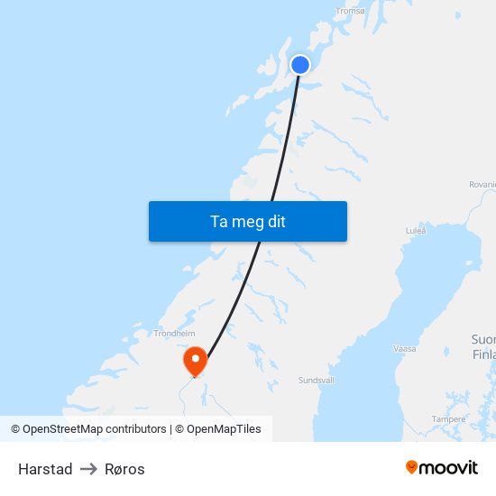 Harstad to Røros map