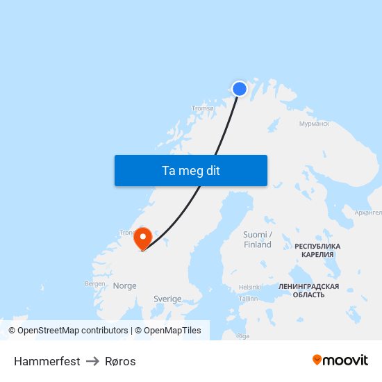 Hammerfest to Røros map