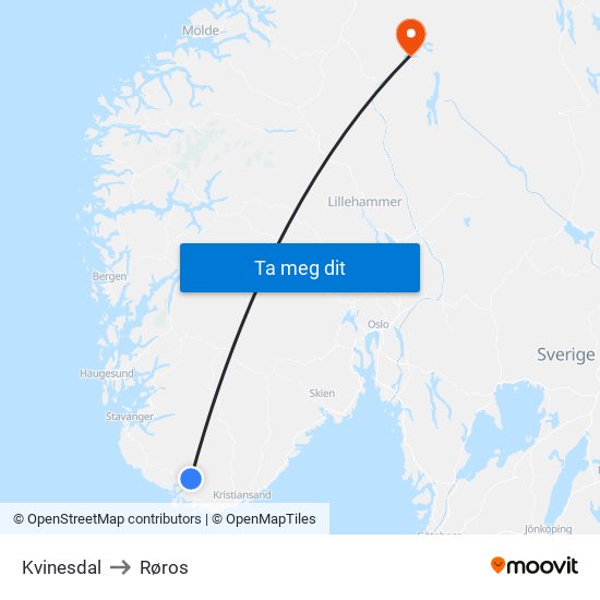 Kvinesdal to Røros map