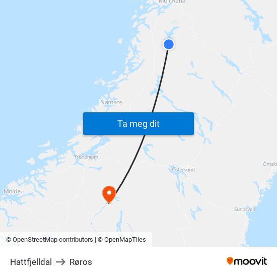 Hattfjelldal to Røros map