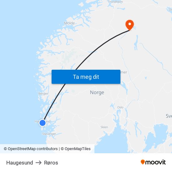 Haugesund to Røros map