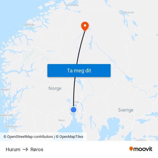 Hurum to Røros map