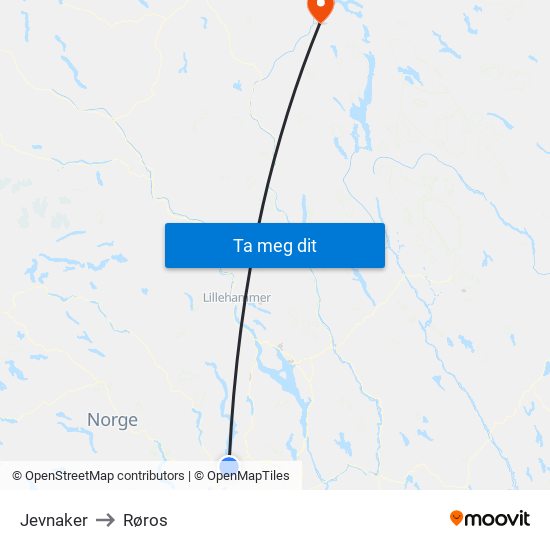 Jevnaker to Røros map