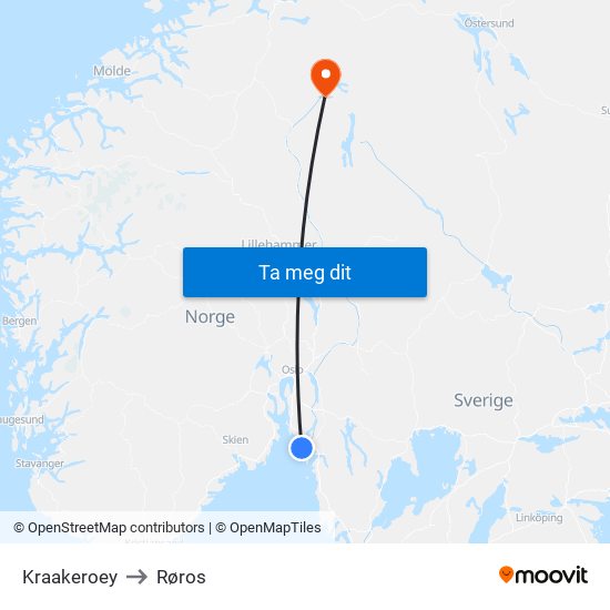 Kraakeroey to Røros map