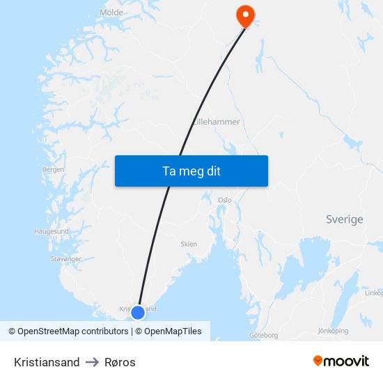 Kristiansand to Røros map