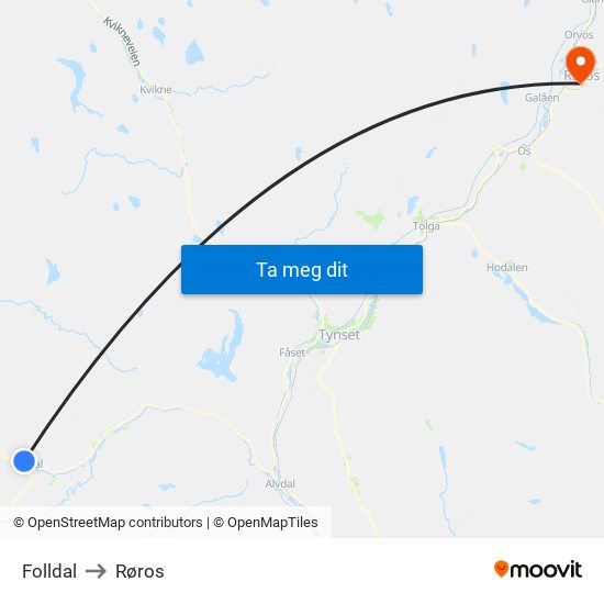 Folldal to Røros map