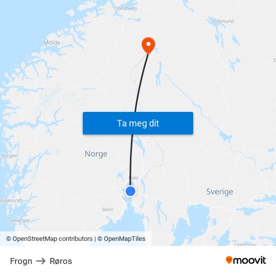 Frogn to Røros map