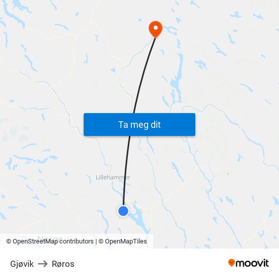 Gjøvik to Røros map