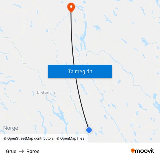 Grue to Røros map