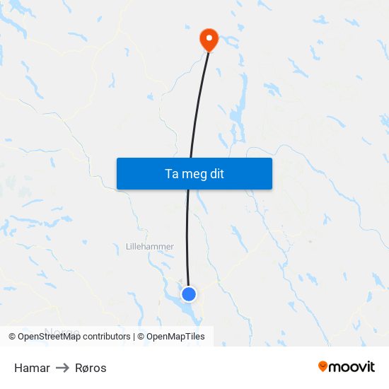 Hamar to Røros map