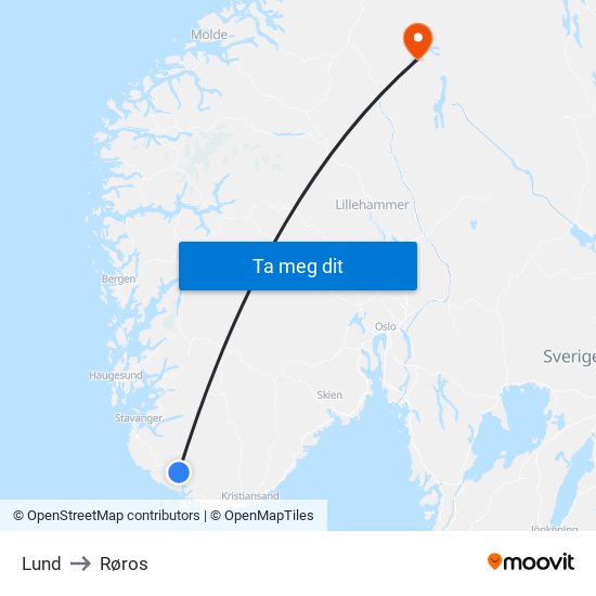 Lund to Røros map