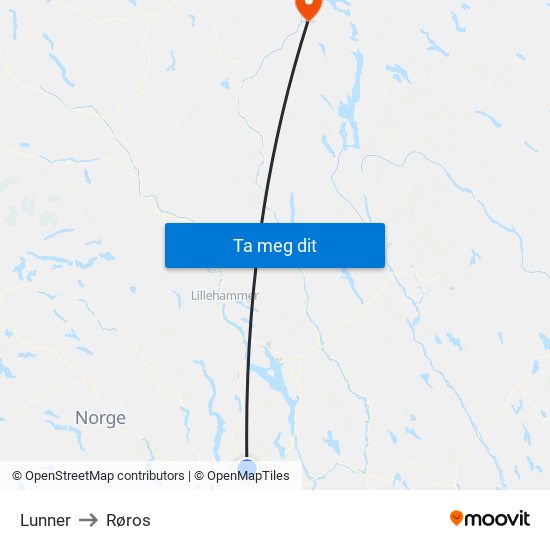 Lunner to Røros map