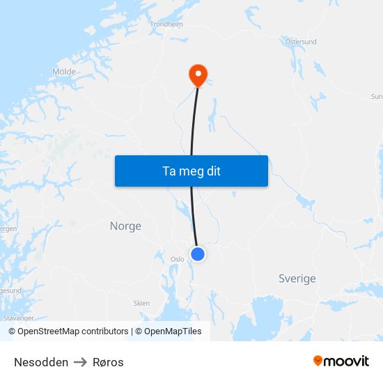 Nesodden to Røros map