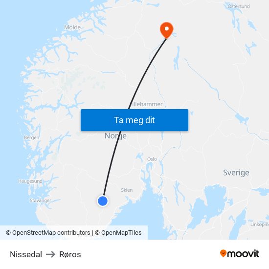 Nissedal to Røros map