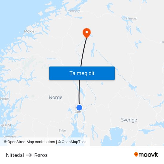 Nittedal to Røros map