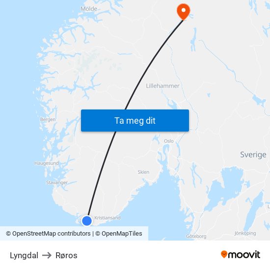 Lyngdal to Røros map