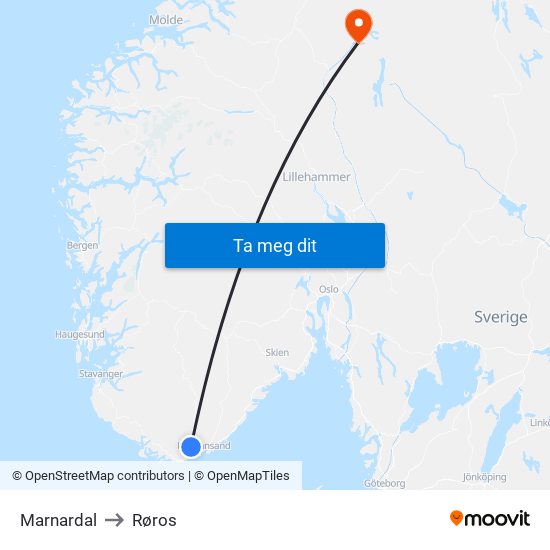 Marnardal to Røros map