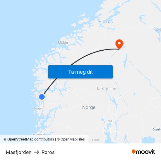 Masfjorden to Røros map