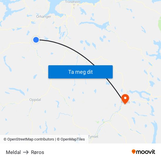 Meldal to Røros map