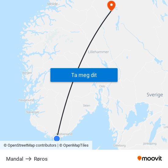 Mandal to Røros map