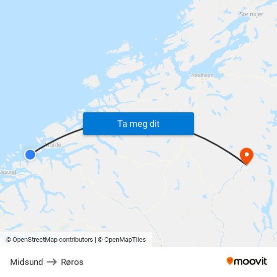 Midsund to Røros map
