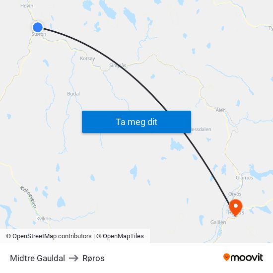 Midtre Gauldal to Røros map