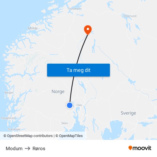 Modum to Røros map