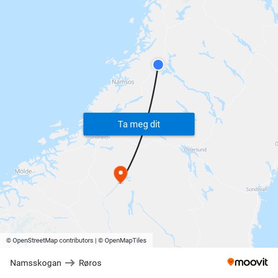 Namsskogan to Røros map