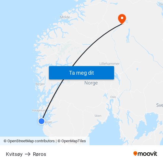 Kvitsøy to Røros map