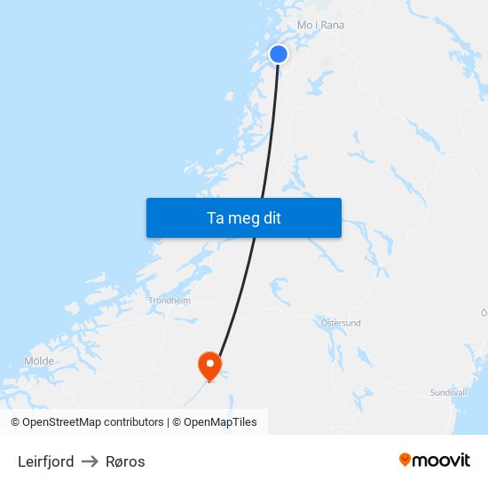 Leirfjord to Røros map