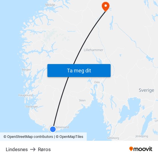 Lindesnes to Røros map