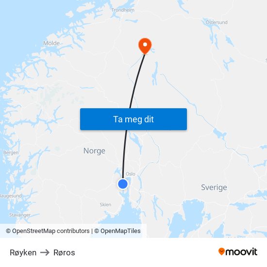 Røyken to Røros map