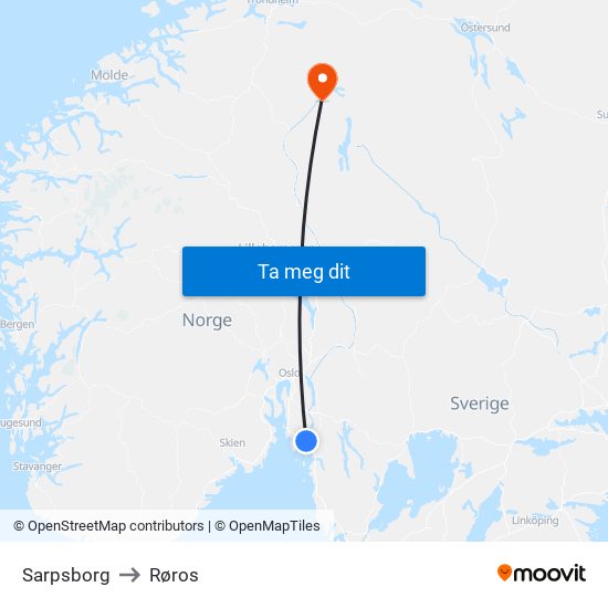 Sarpsborg to Røros map
